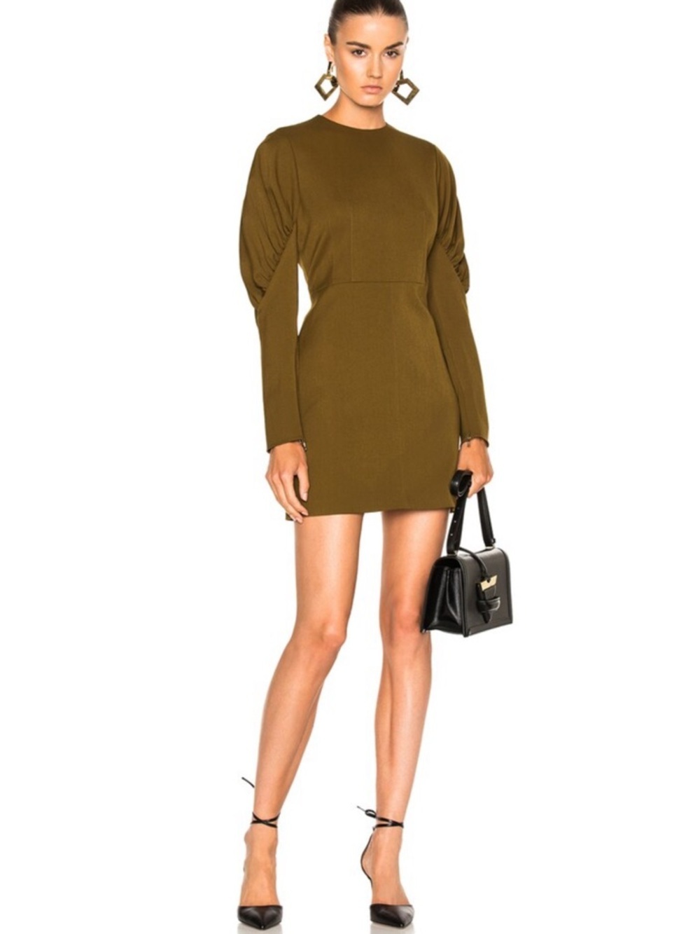 TIBI Florence Dress Olive Long-Sleeve Mini Dress with Puffed Shoulders - 8